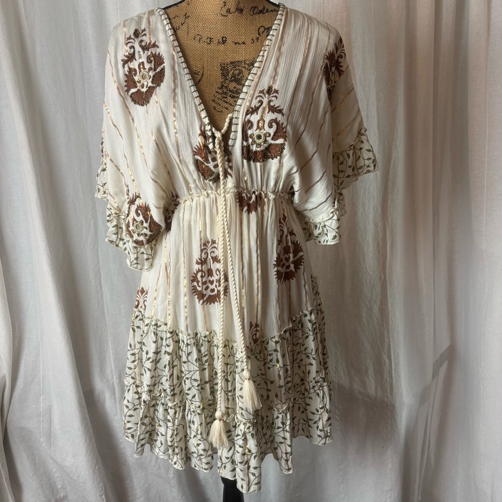 Zury Boho Peasant Tiered Mini Dress White Metallic Flowy Beaded Free Size (M)